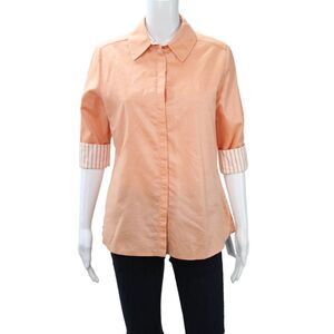 Perlavera Womens Basic Collared Button-Up Cotton 3/4 Sleeve Orange Size M